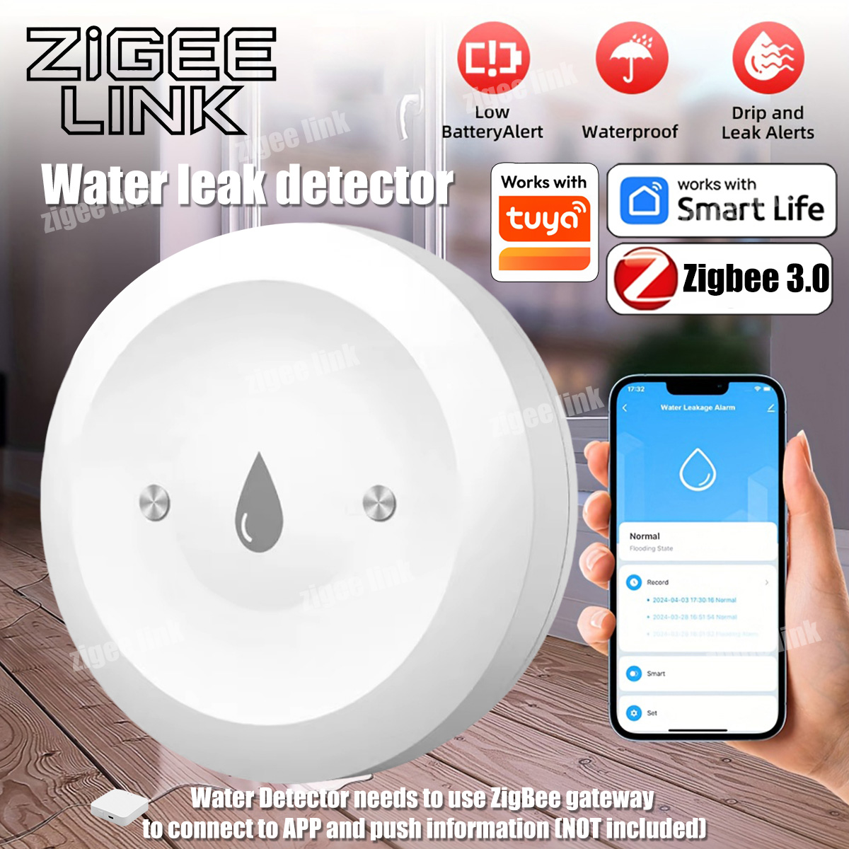 Water Alarm Sensor - ZigBee 3.0 Watersensor Slimme lekdetector Overstromingswaterlekkage